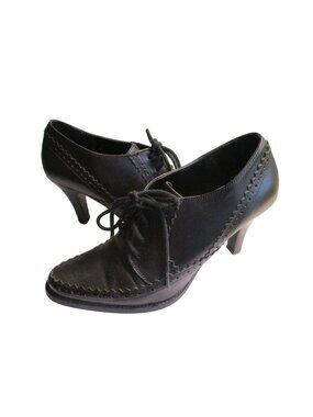 NY Transit Black Leather Lace-Up Heeled Oxfords - 6.5M - Brogue Detailing & Scal